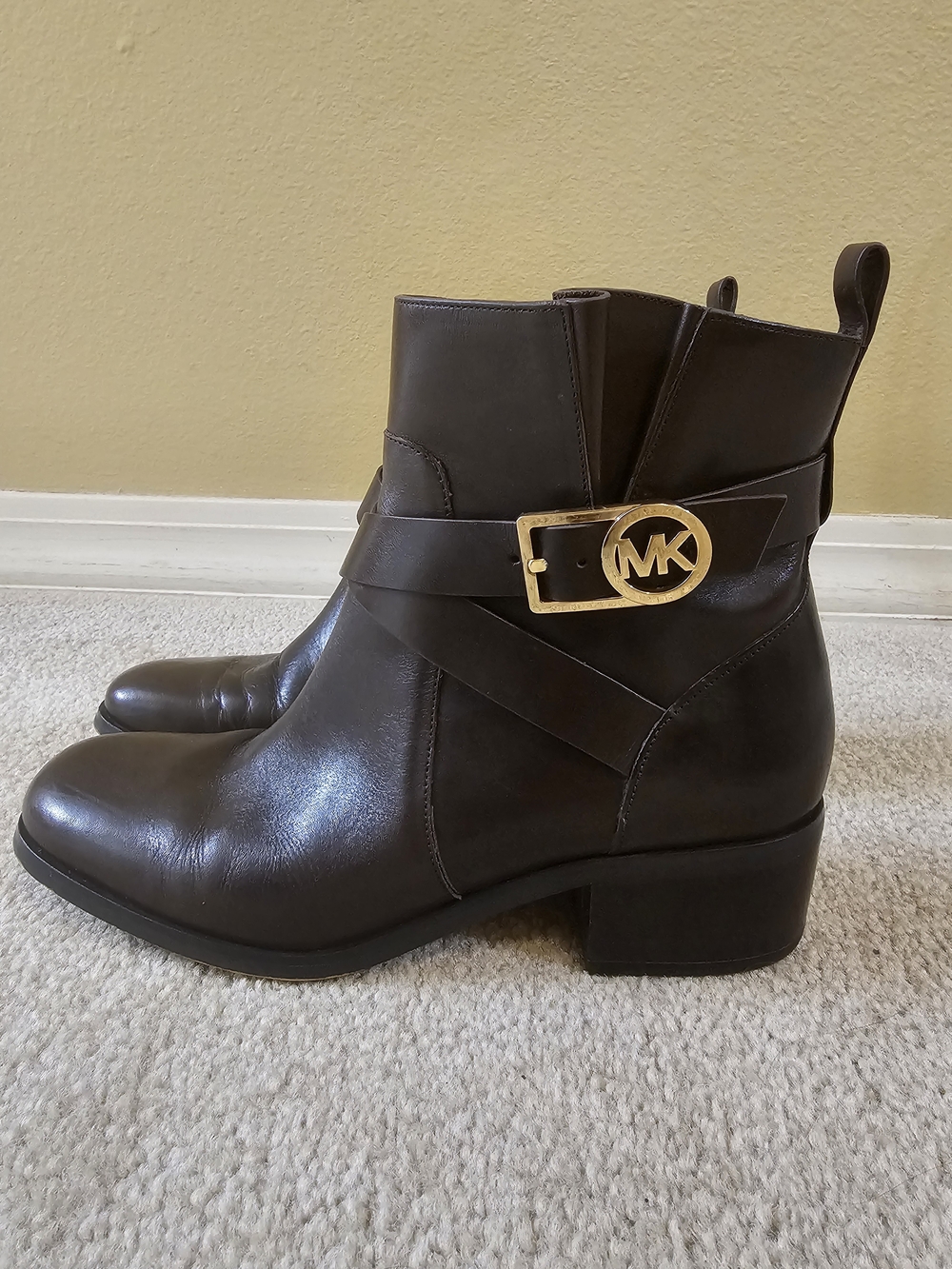 Michael Kors Bryce Brown Leather Ankle Boots with Gold MK Buckle Size 7.5